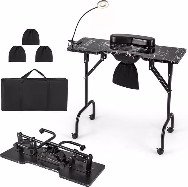 Costway Folding Manicure Nail Table with Electric Dust Collector and Carry Bag in Black
