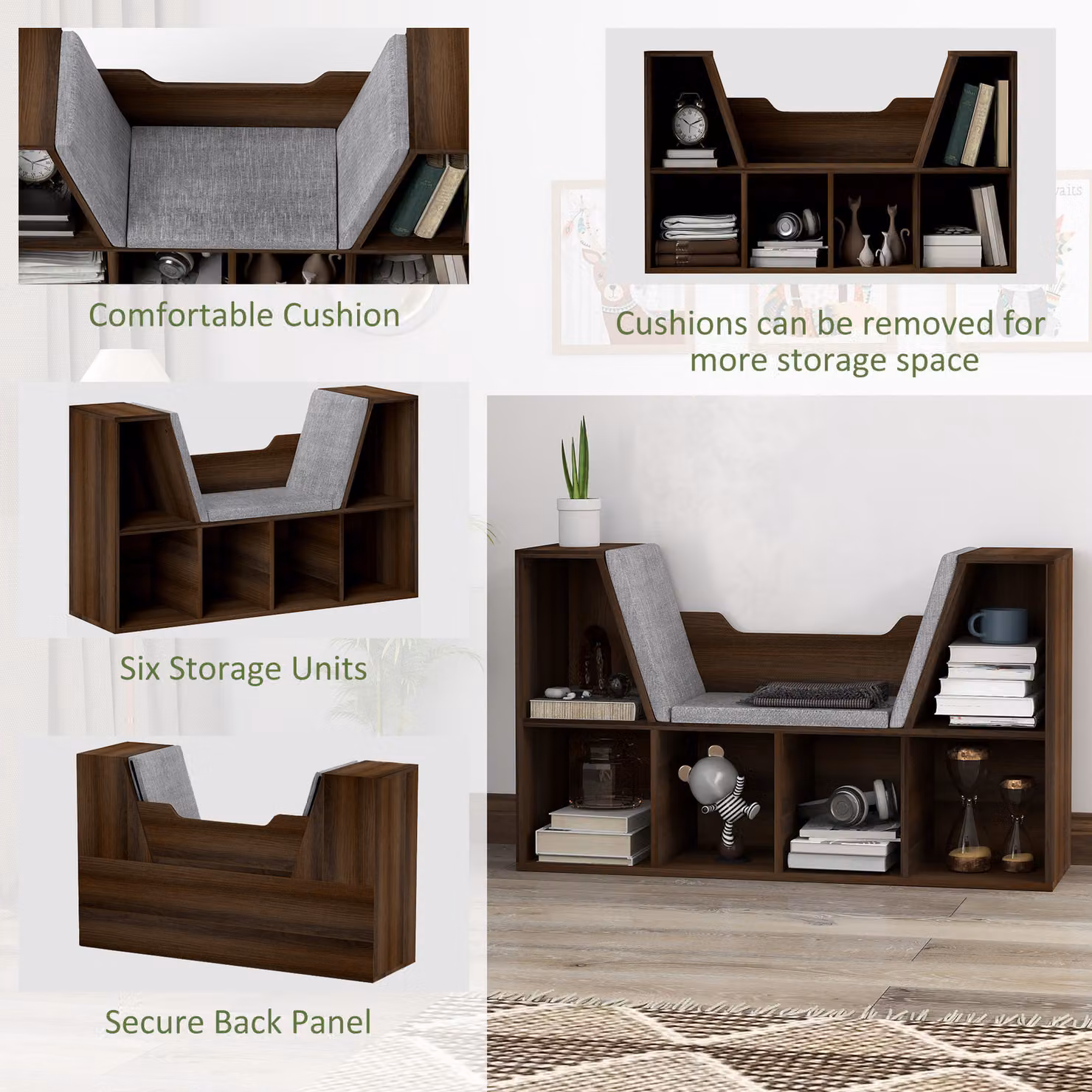 HOMCOM Cube Bookshelf Organizer with Cushioned Reading Seat in Chestnut Brown – 5