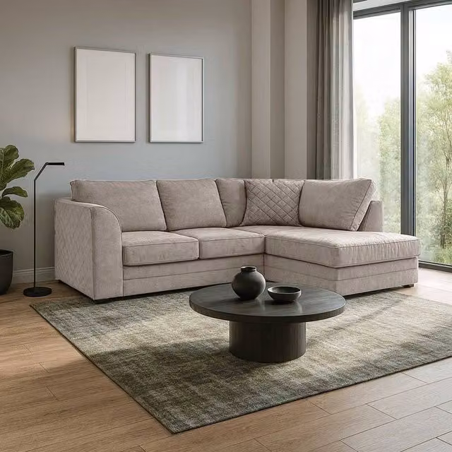 Furnishings For Less UK Quilted Chenille Fabric 3 to 4 Seater L Shaped Corner Sofa, Right Hand Facing, Beige – 1