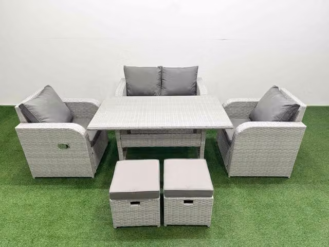 Fimous 6 Seater Light Grey PE Wicker Rattan Garden Furniture Set with Reclining Chairs, Rectangular Dining Table and 2 Small Stools