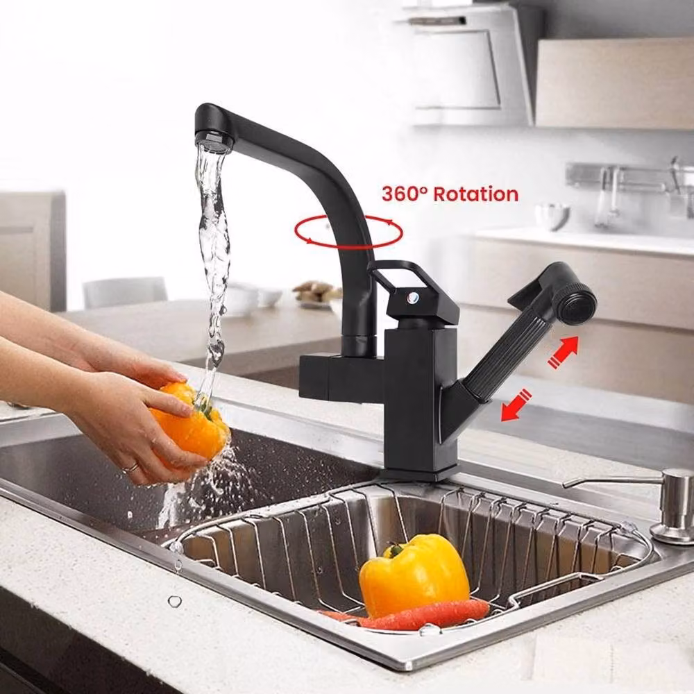 PAWNORA Matt Black 360 Degree Kitchen Sink Mixer Tap with Pull Out and Swivel Spout – 5