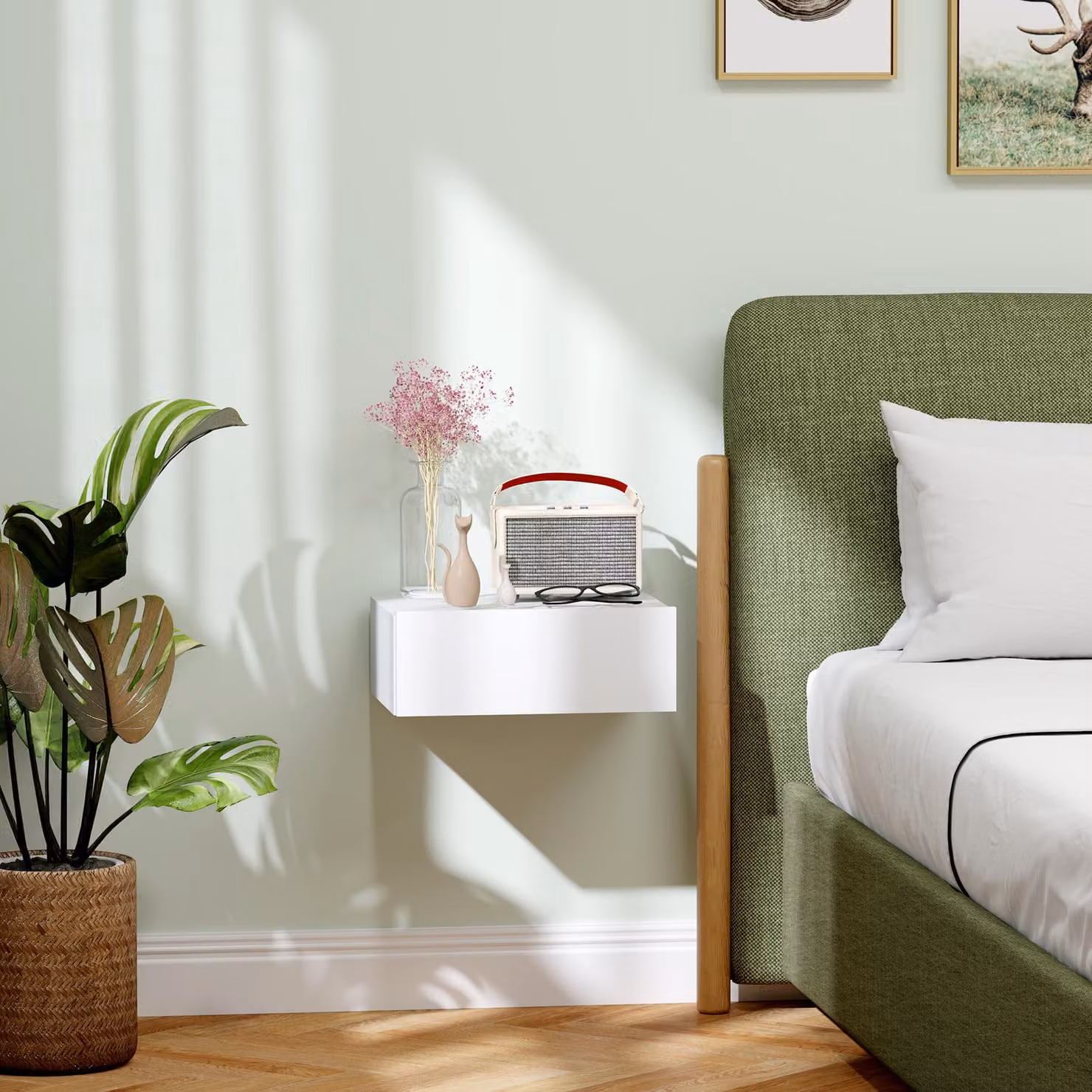 HOMCOM White Wall-Mounted Floating Bedside Table with Storage Drawer – 1