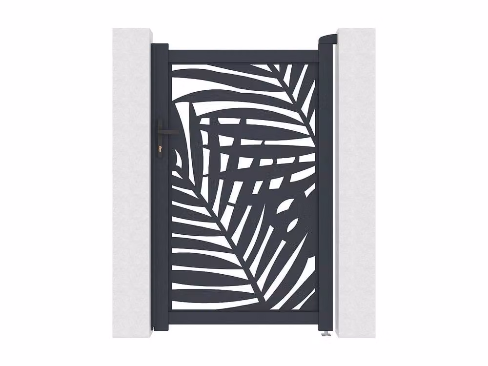 Vente-unique Laser Cut Aluminium Swing Gate with Tropical Pattern in Dark Grey, W: 103 cm, H: 166 cm – 2