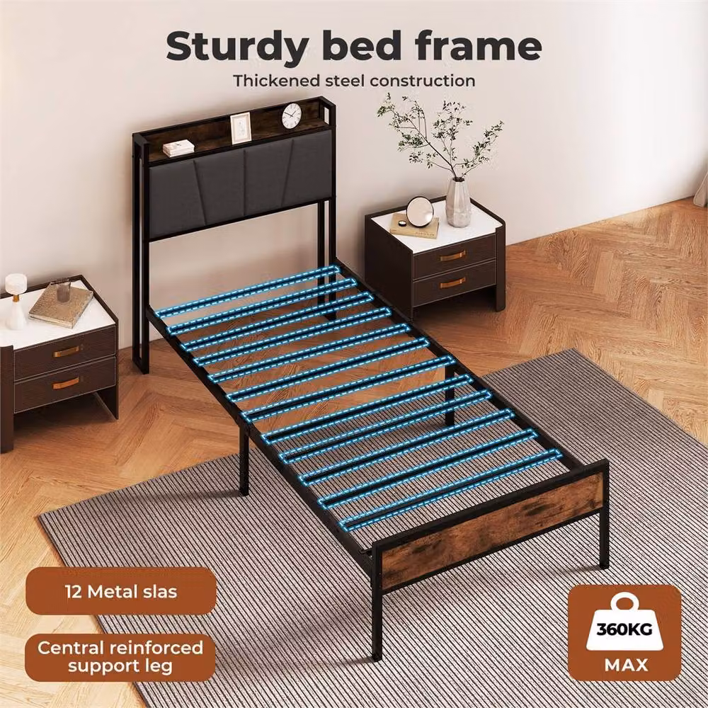 Nordara Brown Heavy-Duty Metal Platform Bed Frame for your Bedroom, W/D/H: 90 x 190 cm – 4