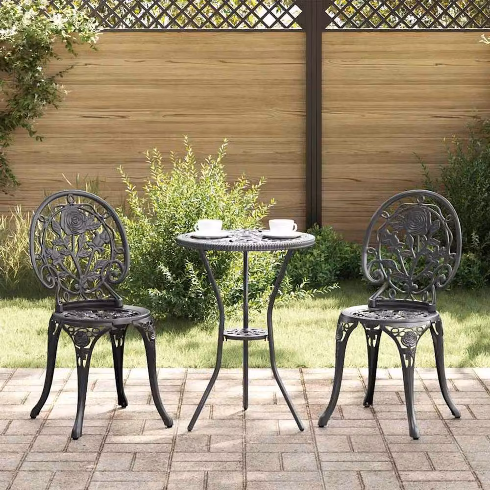 Berkfield Home 3 Piece Classic Garden Bistro Set in Matt Black Cast Aluminium – 2