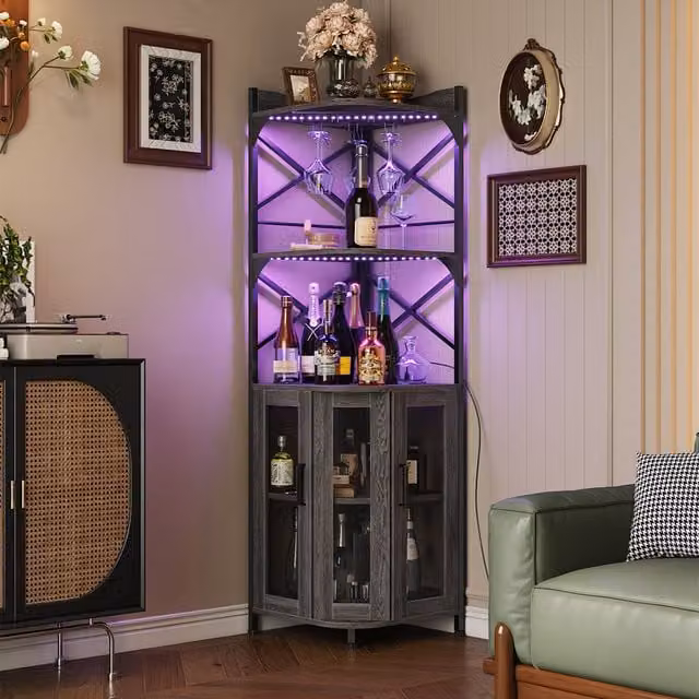 Livingandhome 5-Tier Industrial Corner Bar Cabinet with Glass Doors and LED Lighting in Grey