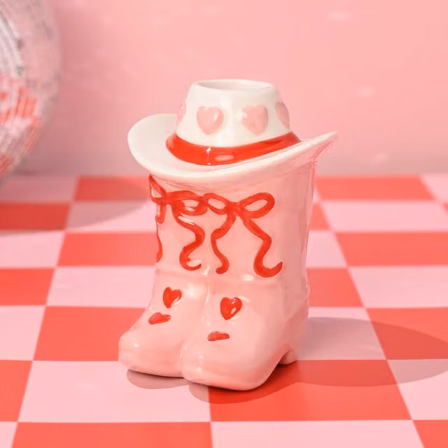 The Feel Good Club Pink and Multicolour Ceramic Cowboy Boot Taper Candle Holder