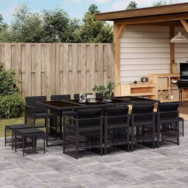 Berkfield Home 13 Piece Garden Dining Set with Black Poly Rattan Cushions