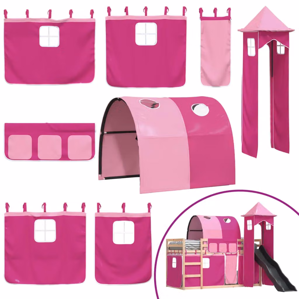 Berkfield Home Pink Solid Wood Childrens Bunk Bed with Slide and Curtains W: 80 cm, L: 200 cm – 3