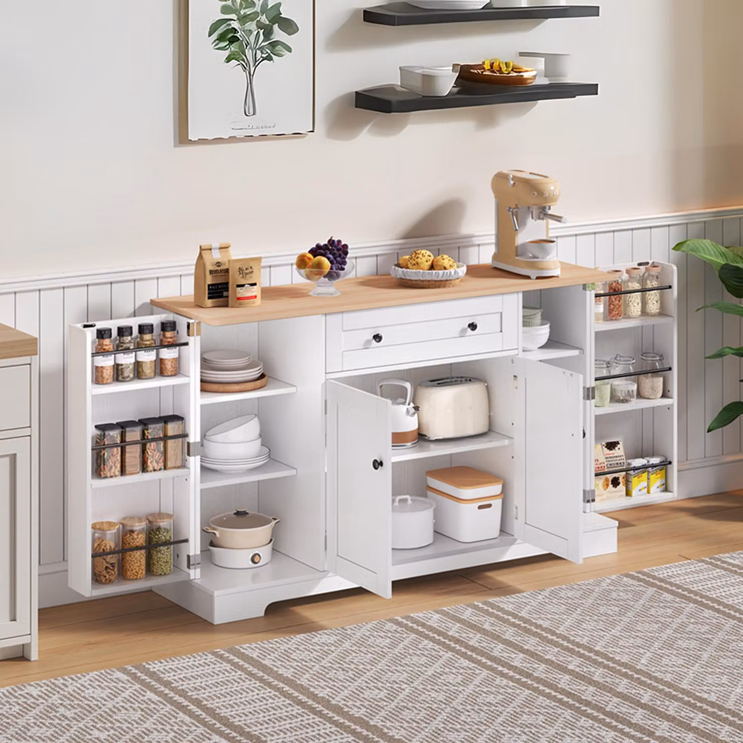 Aosom UK Modern Kitchen Sideboard with Double-Door Compartment and Adjustable Shelves, Natural and White, W: 138 cm, D: 40 cm, H: 85 cm – 2
