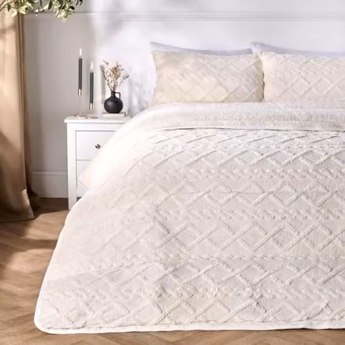OHS 10.5 Tog Cable Knit Teddy Fleece Coverless Duvet and Pillowcase Set, Beige, W/D/H: 135 x 200 cm