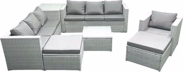Fimous Wicker PE Rattan Garden Furniture Set in Light Grey with Armchair, Square Coffee Table, 2 Big Footstools and Side Table