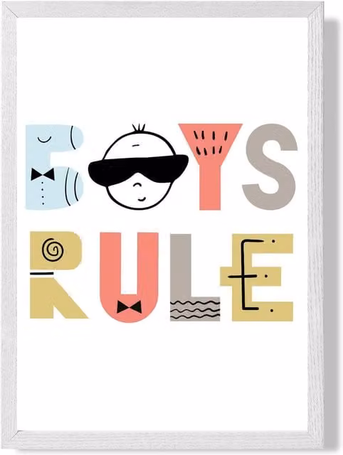 ARTZE Cute Boys Rule Scandi Quote Framed Print, White Frame, Pale Blue