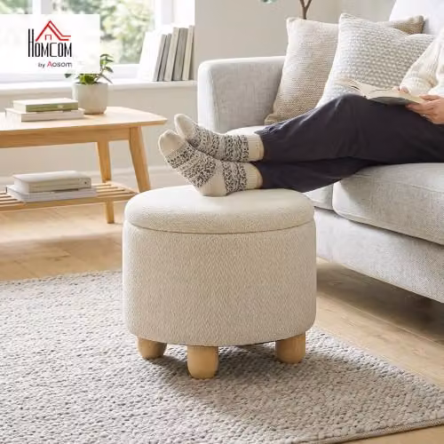 HOMCOM Cube Storage Ottoman Footstool in Beige, W/D/H: 38.5 x 38.5 x 33.5 cm – 2