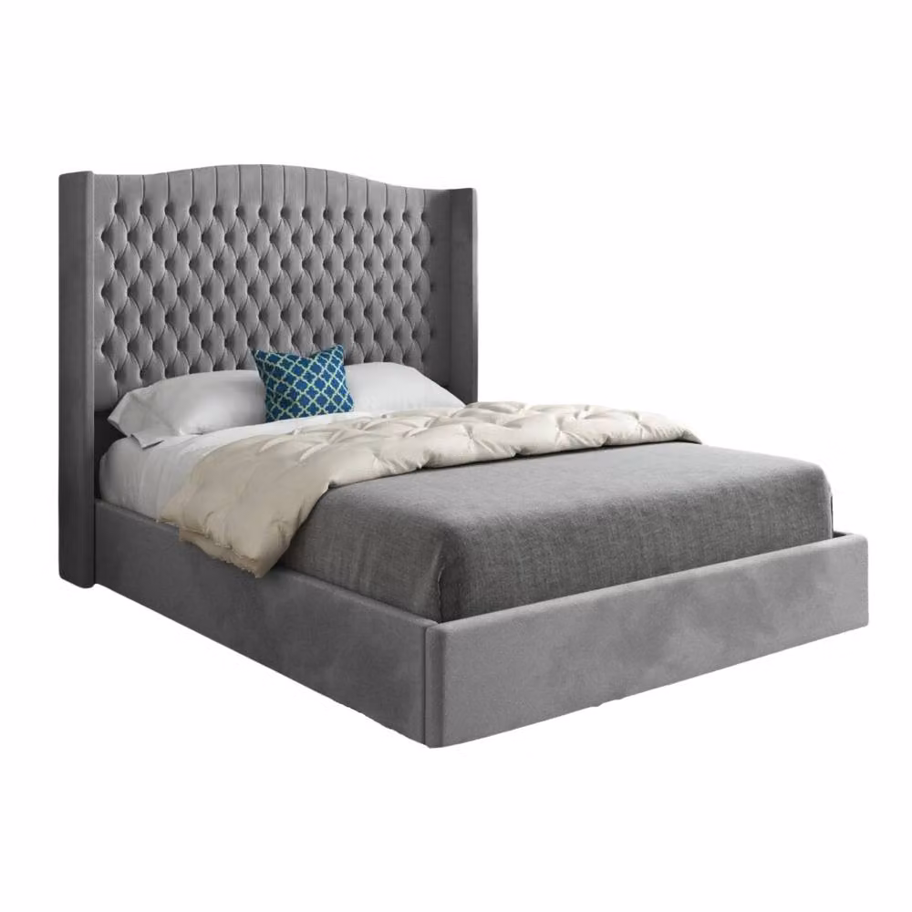 Casani Rousdon Winged Upholstered Grey Velvet Designer Bed Frame, W: 140 cm x L: 200 cm – 3