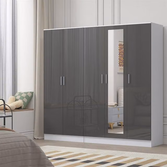 Reflect Wardrobe Bundle with 3-Door Mirror and 2-Door Plain Design in Grey Gloss and Matt White, H 188 cm x W 120 cm x D 47 cm