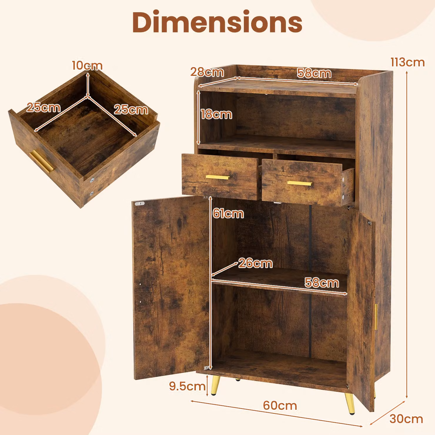 Gymax Freestanding Buffet Sideboard Kitchen Cabinet with 2 Doors and 2 Drawers in Brown – 2