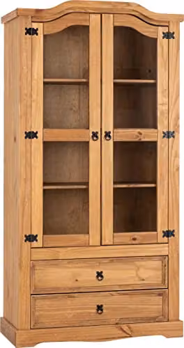 Seconique Corona 2 Door 2 Drawer Glass Display Cabinet in Brown Waxed Pine – 1