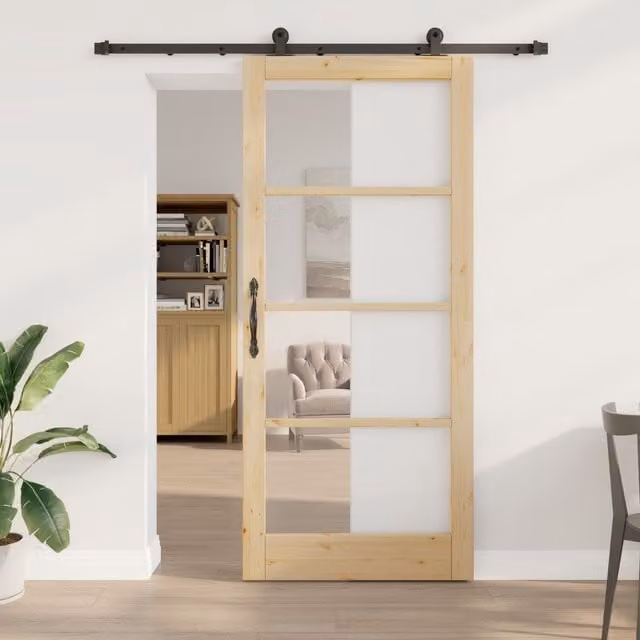 Berkfield Home Orkdal Rustic Sliding Door with Hardware Set in Brown, Solid Wood and Glass