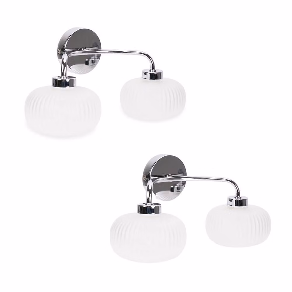 ValueLights Amaia Pair of Chrome 2 Way Frosted Glass IP44 Wall Lights with Bulbs in Metallic Silver – 2