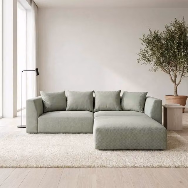 Abakus Direct Tokyo L-Shape Corner Sofa in Black and Green Basket Weave Fabric with Natural Bamboo Frame – 1
