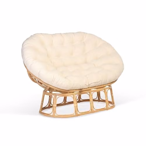Desser Natural Rattan Double Papasan Chair with Beige Bouclé Fabric Cushions, H97 x W170 x D85 cm