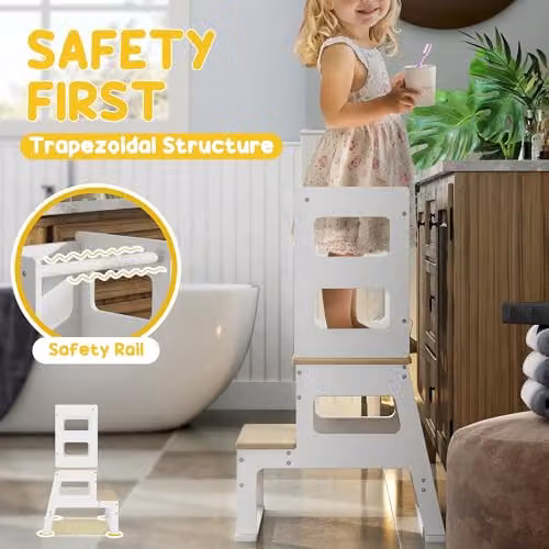 AIYAPLAY 2 in 1 Toddler Tower Step Stool with Chalkboard and Safety Rail, White – 5