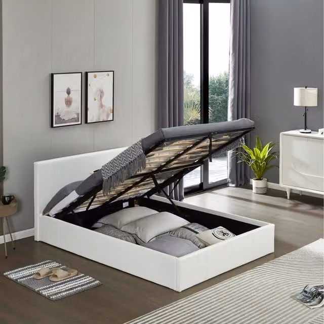 Birlea Merlin White Faux Leather Upholstered Ottoman Bed with Storage Frame, 140 x 200 cm