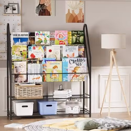 Huhote Black Metal Childrens Bookshelf and Toy Storage Organizer – 4