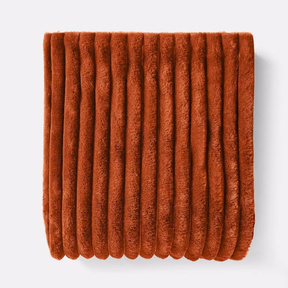 OHS Ribbed Faux Fur Fleece Throw Blanket in Burnt Orange, W: 150 cm, L: 200 cm – 3