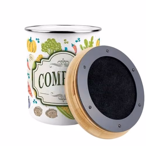 Purely Home Vintage Allotment Compost Caddy - Metal Decorative Kitchen Food Waste Bin with Removable Inner Bucket and Odour Filter - Green, White and Multicolour, 2L – 3
