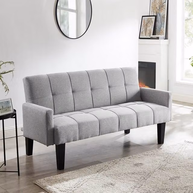 Lucas 3 Seater Click-Clack Sofa Bed in Light Grey Fabric with Black Metal Legs