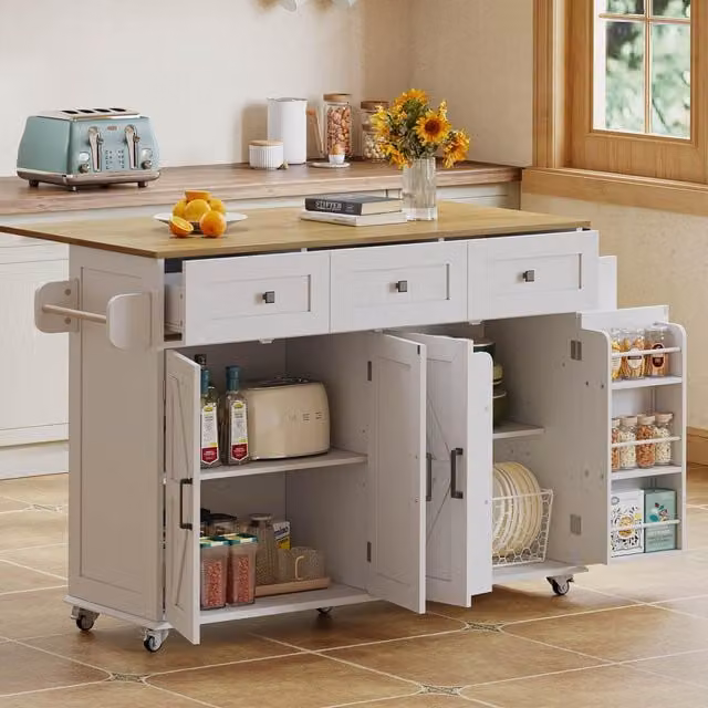 Aosom UK Kitchen Island Cart with 3 Drawers and Foldable Countertop, White and Natural, W: 70 cm, D: 43 cm, H: 90.5 cm – 1