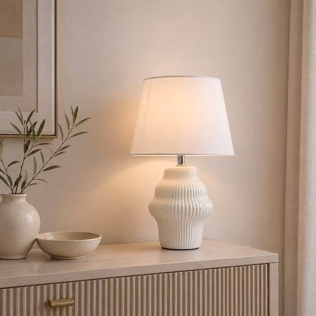 Pagazzi Alanna Ivory Ribbed Ceramic Table Lamp in Beige and White