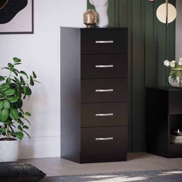 Vida Designs Riano 5 Drawer Narrow Chest of Drawers in Black and Silver