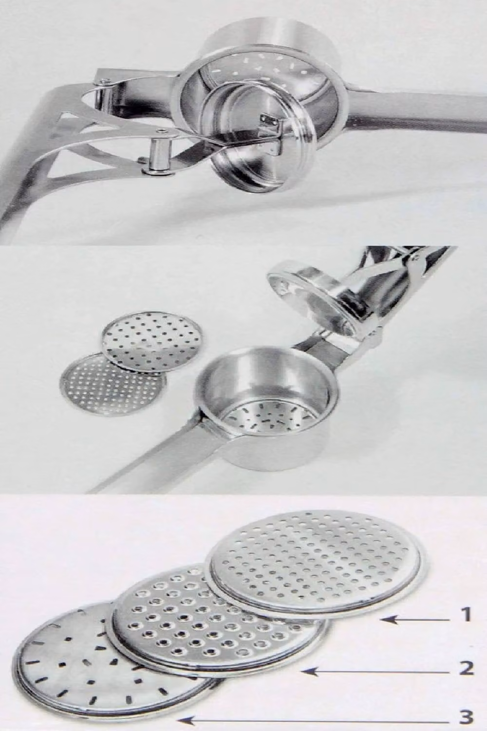 Gefu Tri Star Professional Potato Press with Interchangeable Discs in Silver Stainless Steel – 2