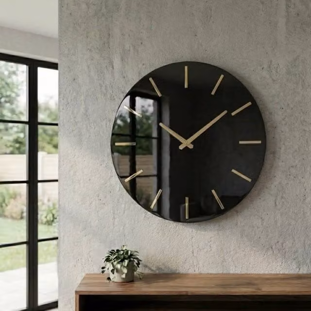 Garden Greatness Midnight Gold Minimalist Round Analog Wall Clock in Black and Gold, Diameter: 35.5 cm