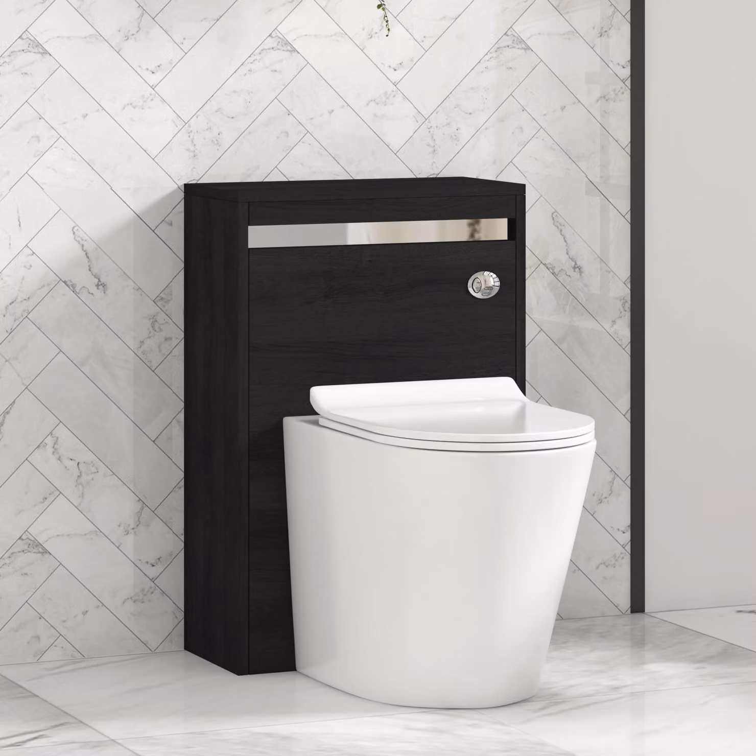 Royal Bathrooms Orion Hale Black Wall Mounted WC Unit with Cesar Rimless Toilet Pan, Slim Seat and Cistern, Chrome Accent Trim