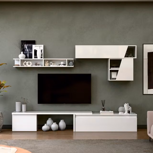 Decorotika Lille Minimalist Wall Mounted Entertainment Center with Lowboard and Open Shelf in Glossy White