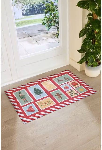 Artsy Mats Winter Stamps Large Red Rectangular Doormat