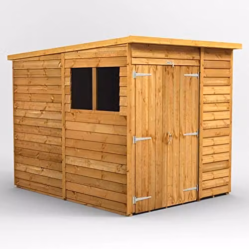 Powersheds Premium Pent Overlap Wooden Shed with Double Doors and Toughened Glass in Natural Brown – 1