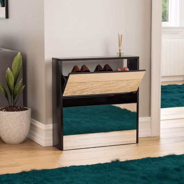 Vida Designs Modern Black Matt Mirrored Shoe Cabinet with Tilting Compartments