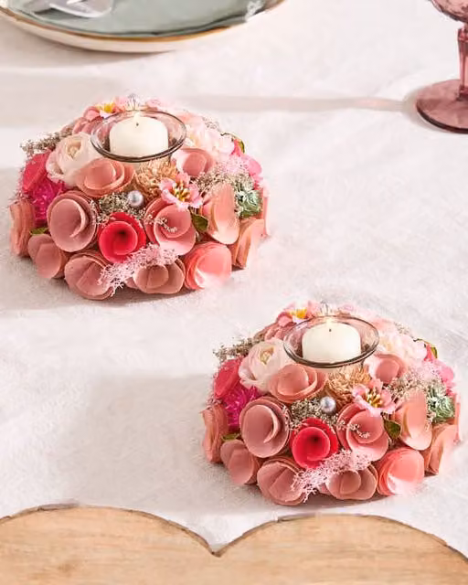 Dibor Set of 2 Floral Pink and White Tealight Candle Holders, Diameter: 16 cm