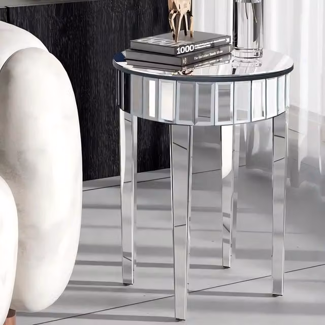 Comfy Living Round Mirrored Side Table with Chrome Finish in Silver