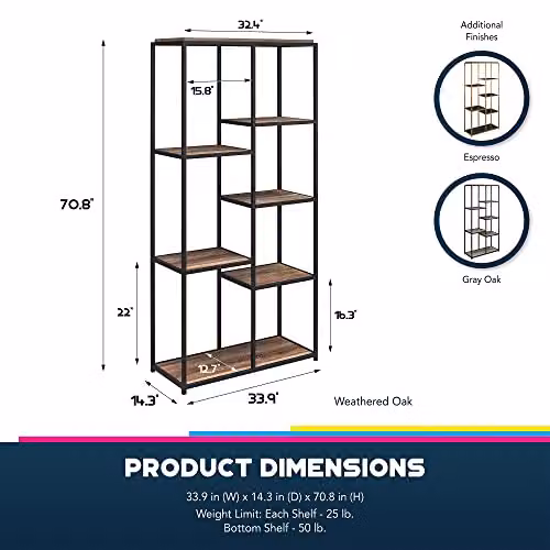 DHP Quincy 5 Shelf Bookcase in Weathered Oak Look, Brown, H 180.0 x W 86.2 x D 36.2 cm – 8