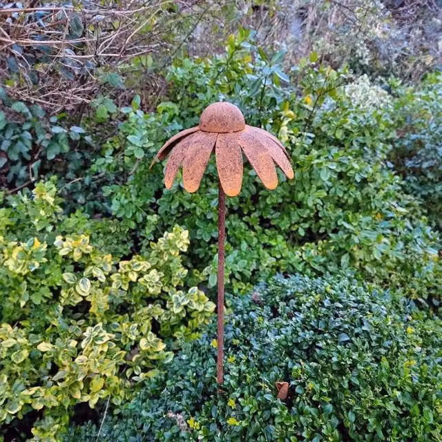 Poppyforge Pack of 3 Rustic Metal Cone Flower Plant Stakes in Brown, Height: 60 cm