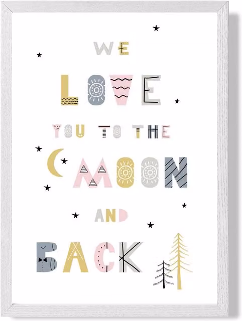 ARTZE Love You to the Moon Pink Scandi Quote Framed Print with White Frame