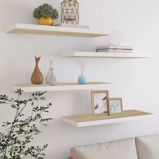 Berkfield Home Floating Wall Shelves, 4 Piece Set in Oak and White, W/D/H: 80 x 23.5 x 3.8 cm – 1