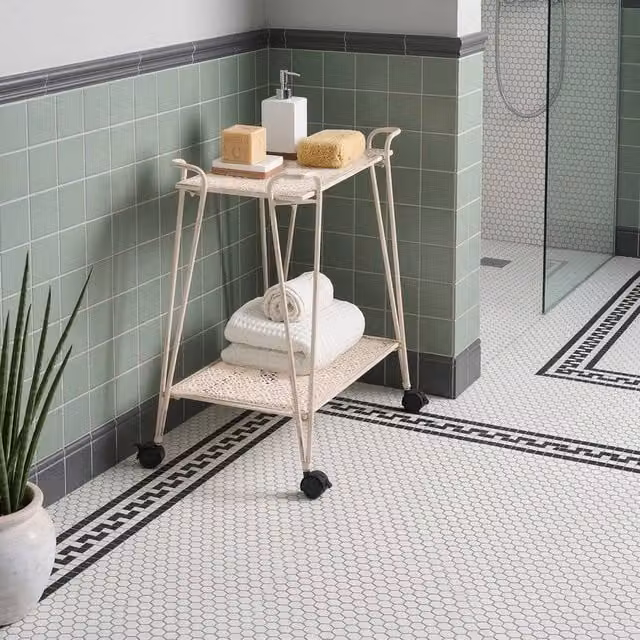 Wyld and Coco White 2-Tier Mobile Bathroom Trolley with Matt Metal Mesh Shelves