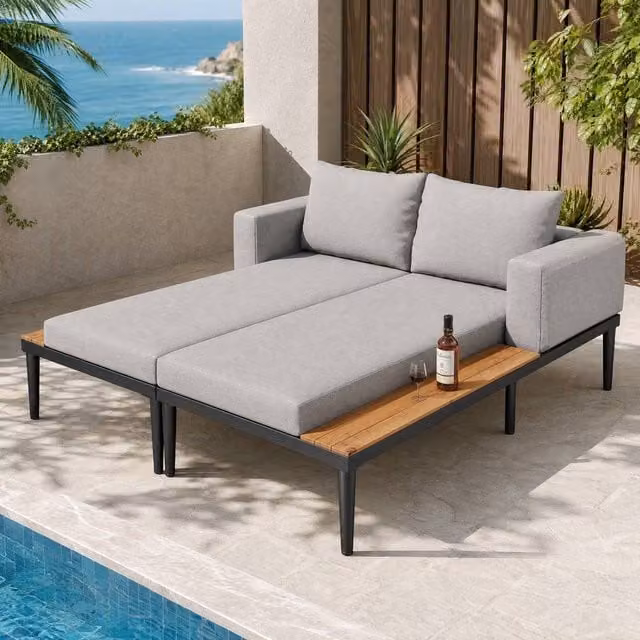 STILVORA Modular Outdoor Double Chaise Lounge with Wooden Side Panels in Grey, W/D/H: 28.5 x 150 x 140 cm